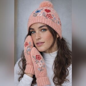 Studio Workshop Hand-Embroidered Knit Hat & Mitten Set